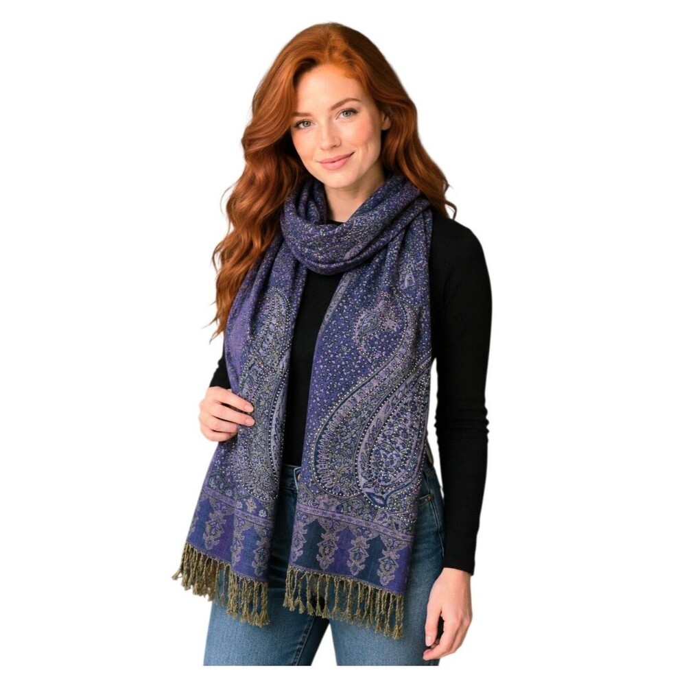 Pashmina Purple Paisley Rainbow Stud Pashmina Silk Blend Wrap Scarf Shawl